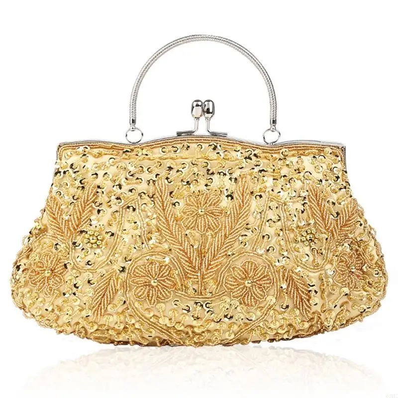 

63HC Women Vintage Beaded equin Flower Evening Large Clutch Bag with Handle Wedding Cocktail Party Handbag mall Tote