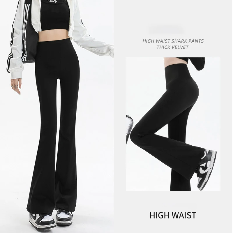 Winter Shark Pants Wear Black High-Waisted Slimming Horseshoe Pants Leggings Women'S Casual Slightly Stretched Wide Leg Pants