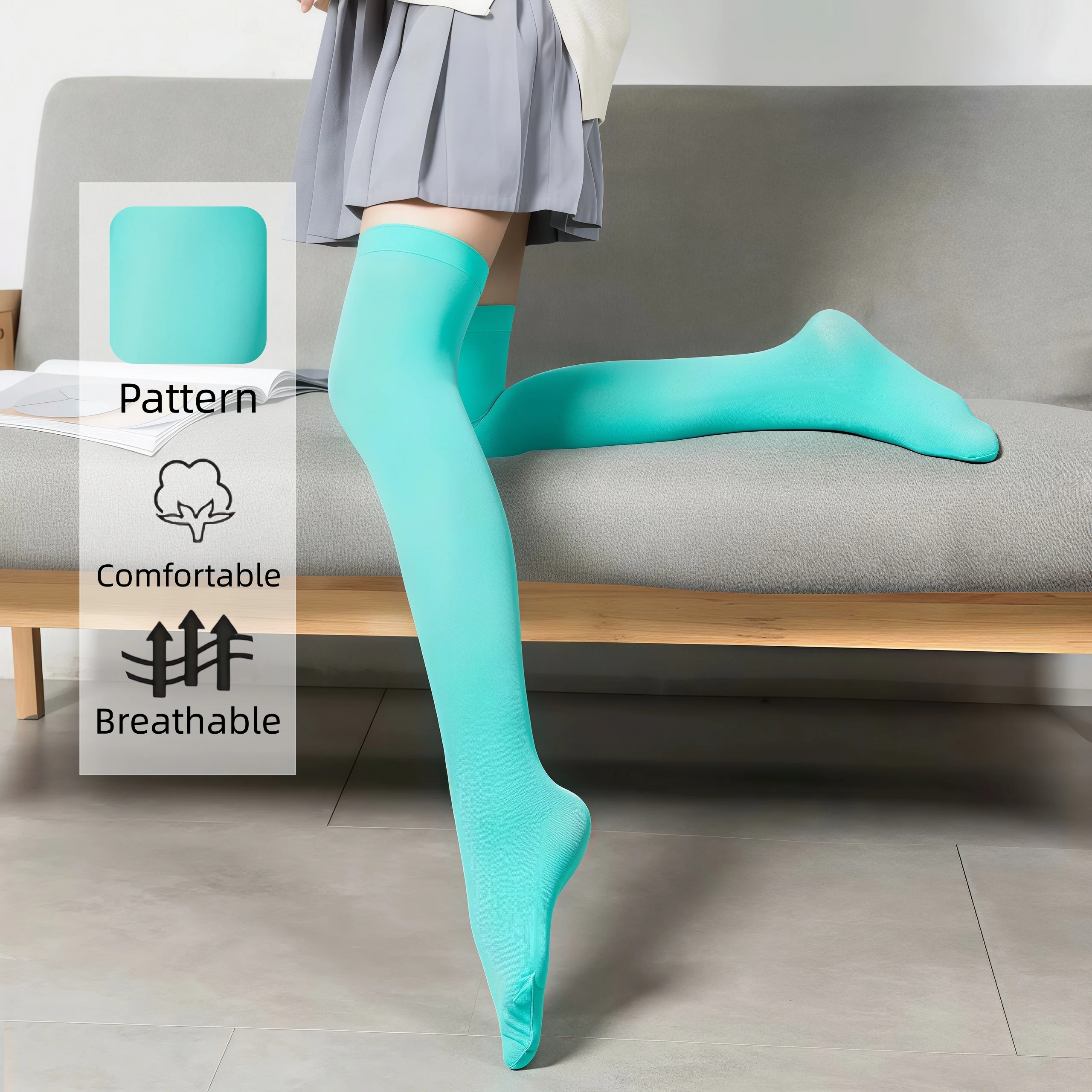 Einfarbige türkisfarbene Oberschenkelhohe Socken für Damen, blickdichte lange Overknee-Socken, bequeme, atmungsaktive, dehnbare Strümpfe – Detail 5
