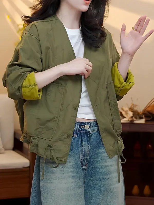 

American Casual Fashionable Short Jacket Spring Autumn Ladies Simple Match Drawstring Top Button Design Regular Sleeve Length