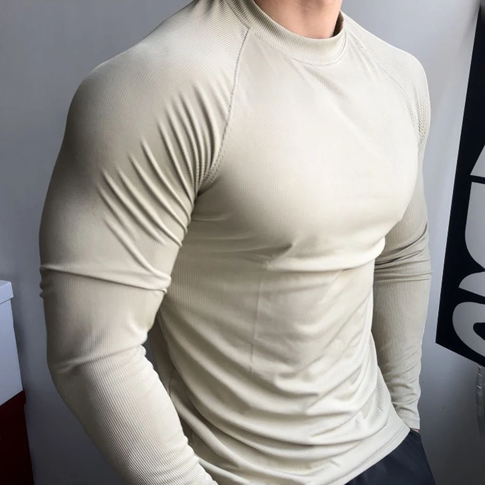 Mens T-Shirt Stretch Gym Sports T-Shirt Fashion All-Match Solid Color Tight Fitness Comfort Long-Sleeved Top Men'S Clothing 2024