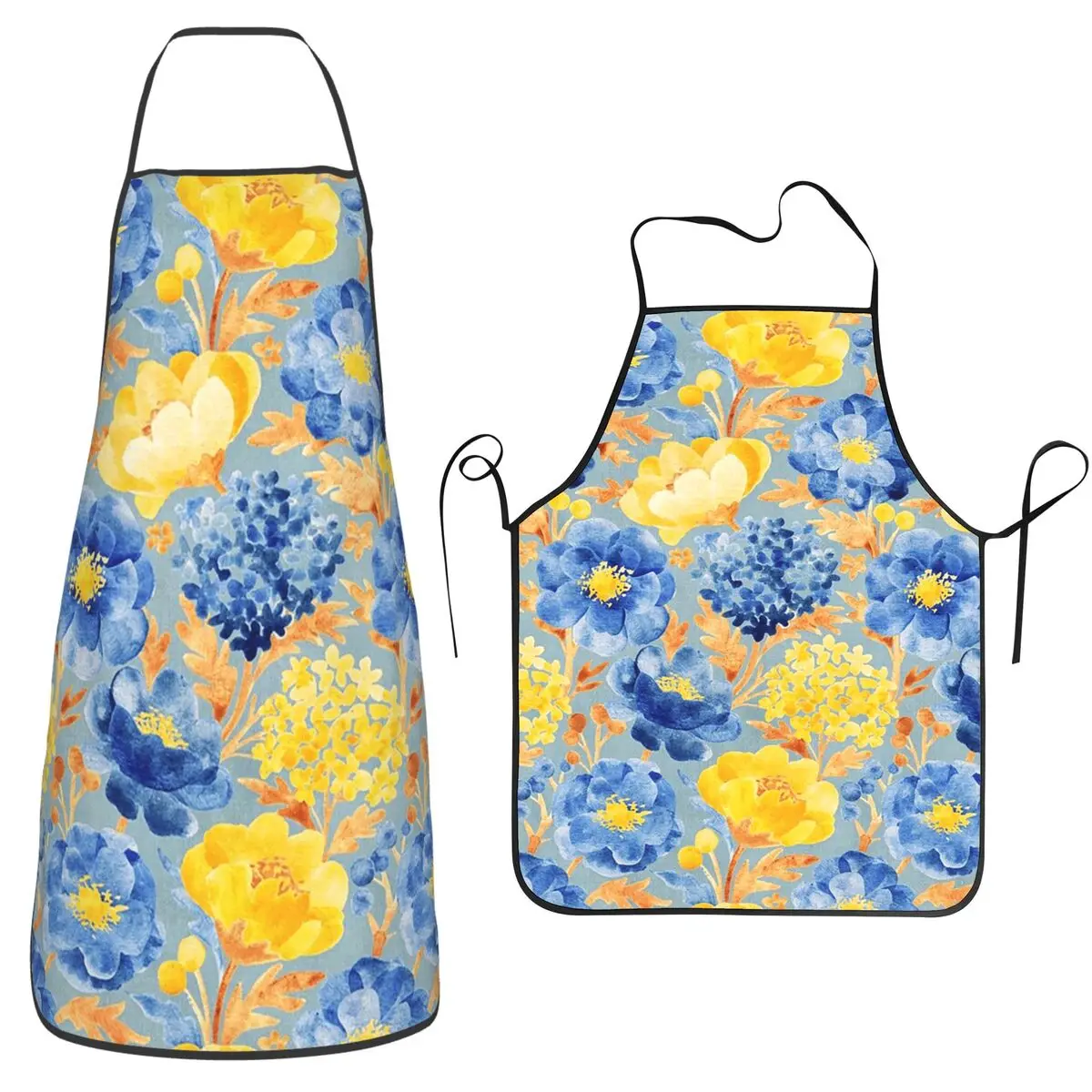 

Buttercup Yellow And Denim Blue Retro Country Floral Apron Chef Cooking Tablier Waterproof Bib Kitchen Cleaning Pinafore