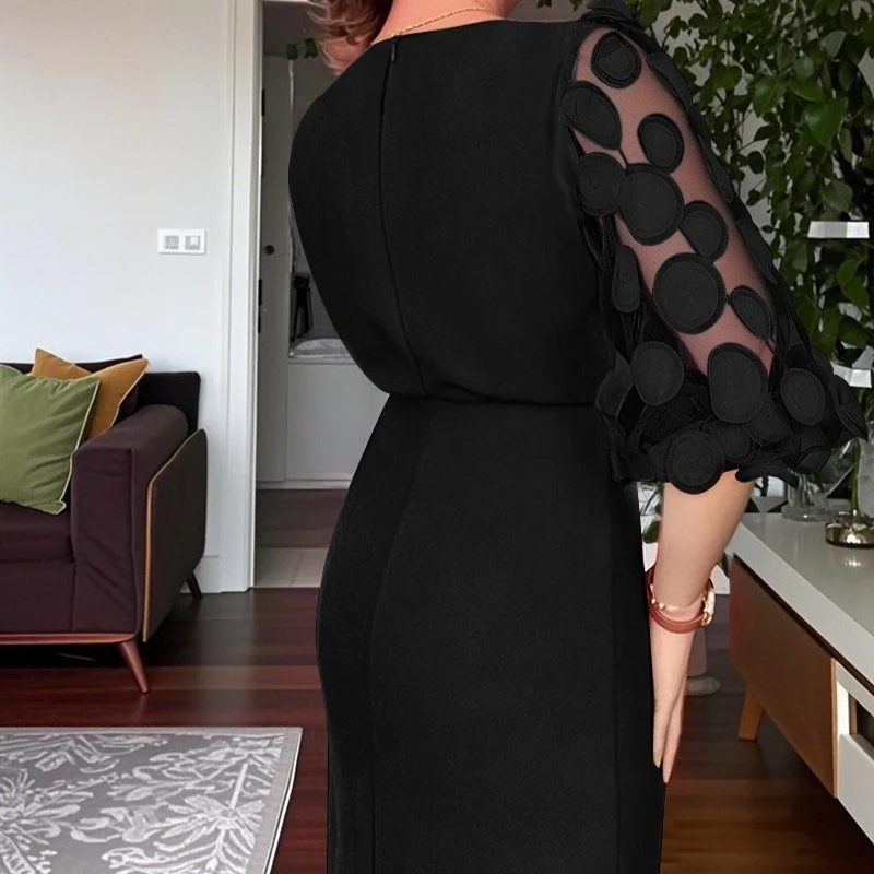 أنيقة طاقم الرقبة سليم Bodycon الوركين فستان المرأة الخريف الدانتيل متابعة سبليت فستان الحفلات الخريف تقسم شبكة نقطة مكتب فساتين للسيدات