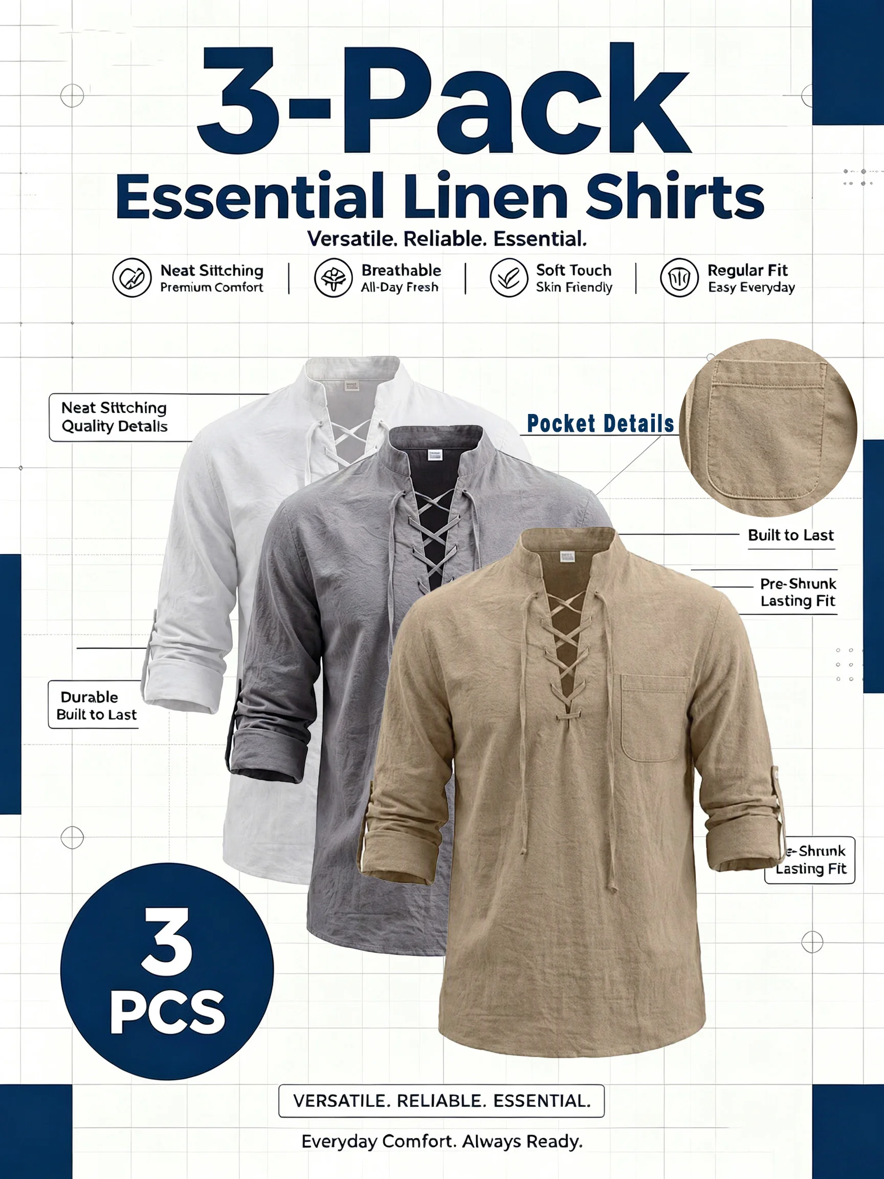 3-Pack Men's Linen Stand Collar Lace-Up Shirts, 3 Colors, Lightweight Breathable, Chest Pocket Roll-up Sleeve Casual Tops