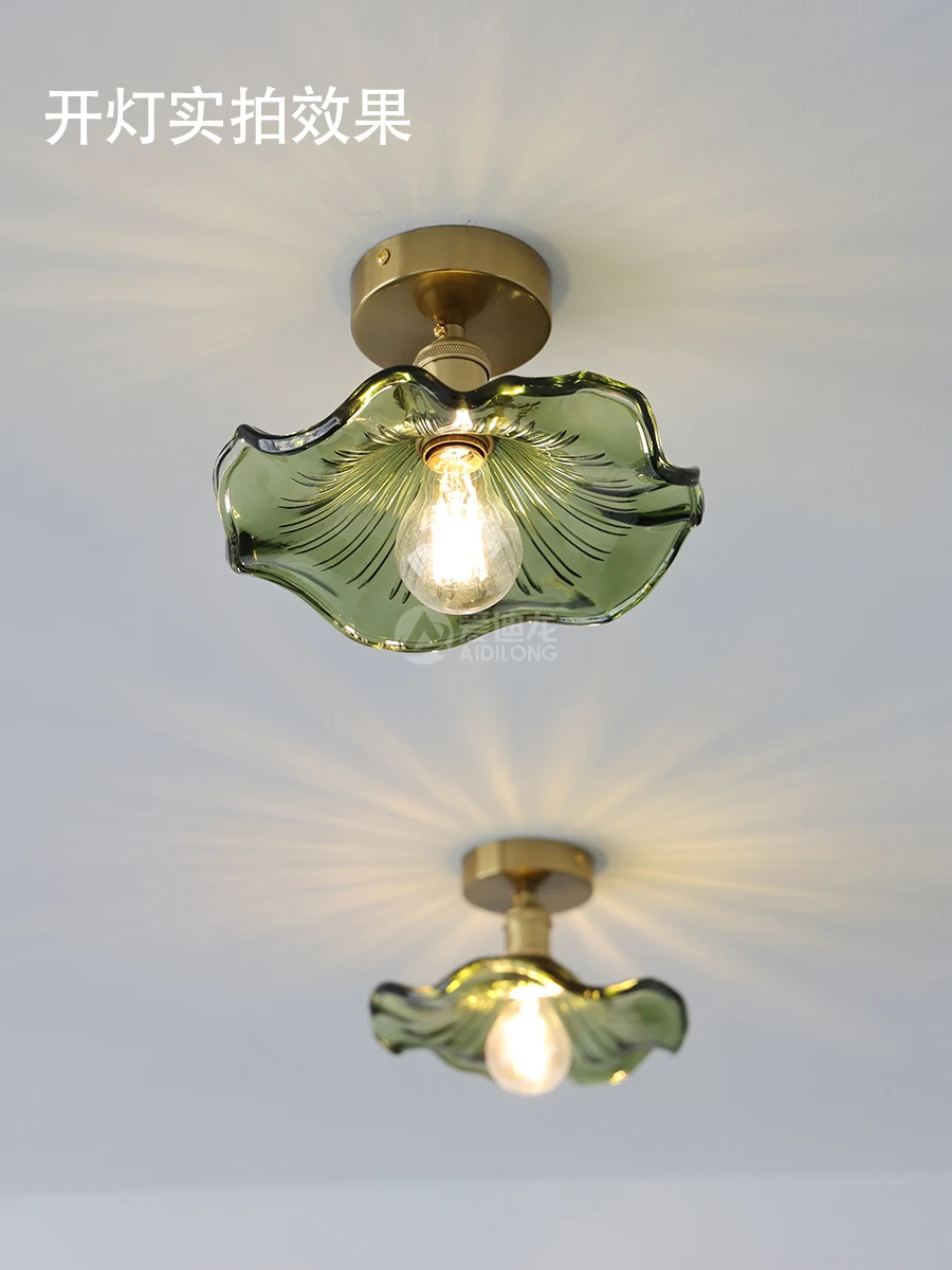

Retro green lotus leaf ceiling light Nordic simple restaurant lighting porch balcony bar aisle brass glass light