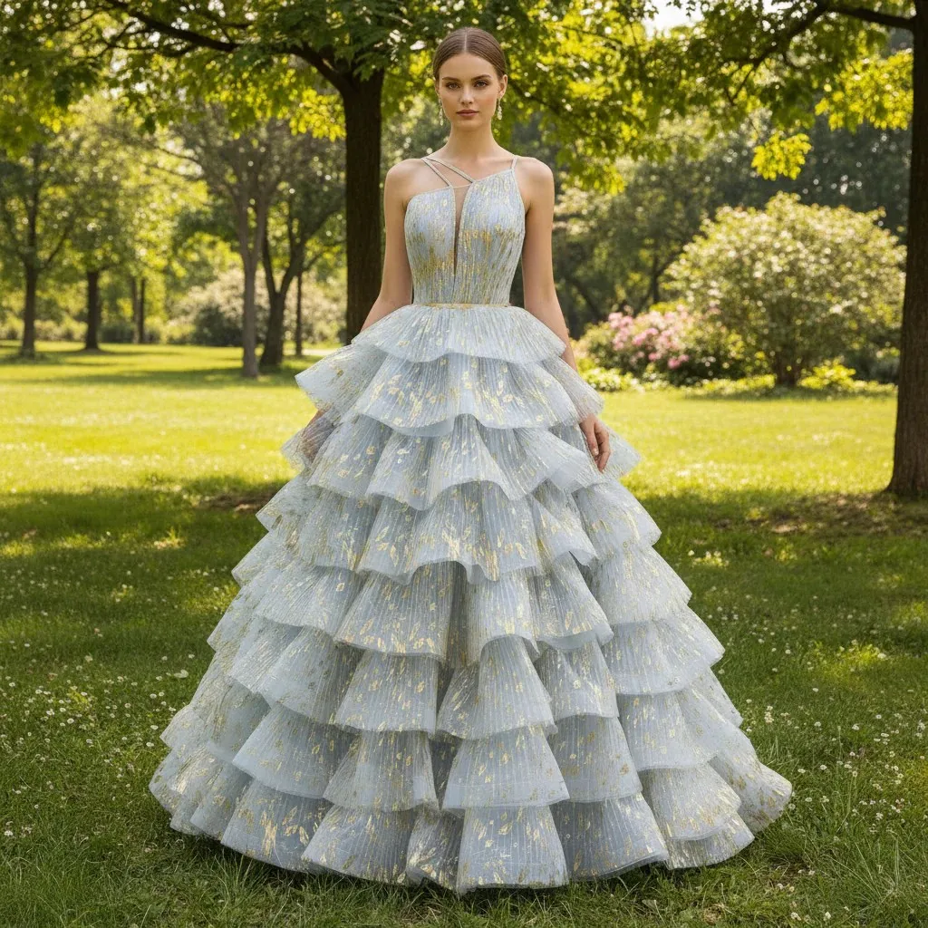 

Rosymae China Blue Glitter Prom Dress Cascading Ruffle Tulle Formal Gown Double Spaghetti Straps Structured Bodice Elegant Shine