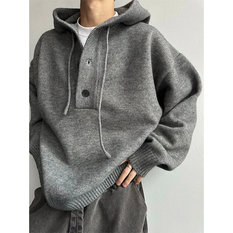 

2025 New Grey Hooded Men Winter Top Semi Open Front Button Thick Outerwear Lazy Style Dark Grey Black Two Color Options
