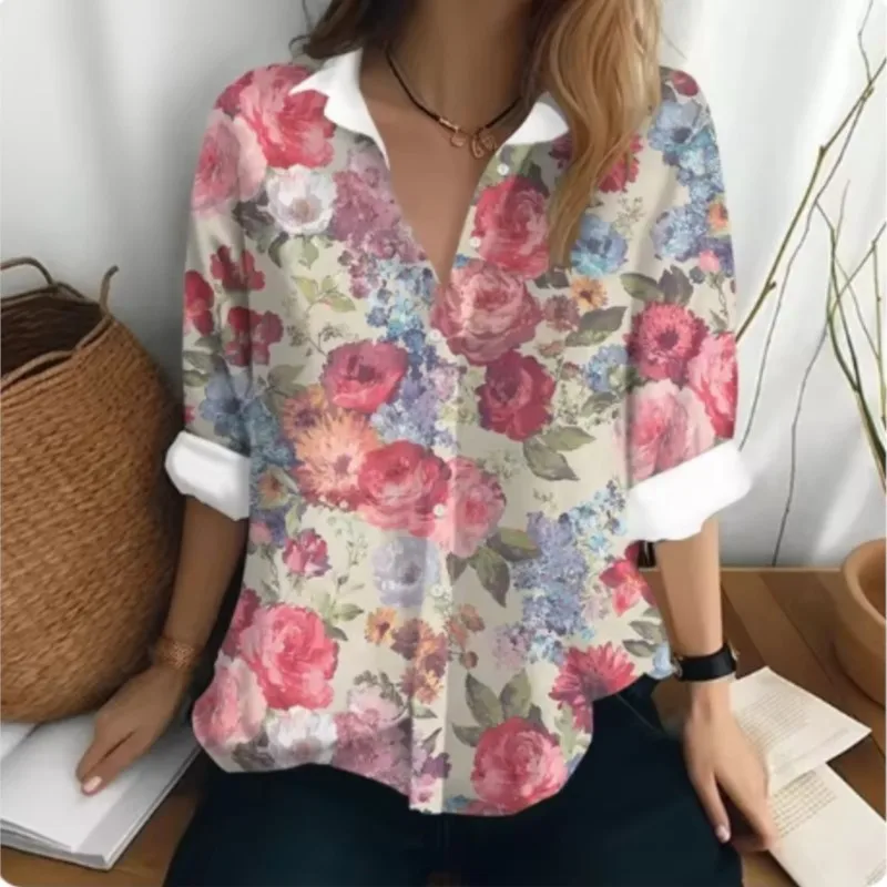 New women's long sleeved shirt with floral printed patterns personalized and elegant party collar button up shirt women's top