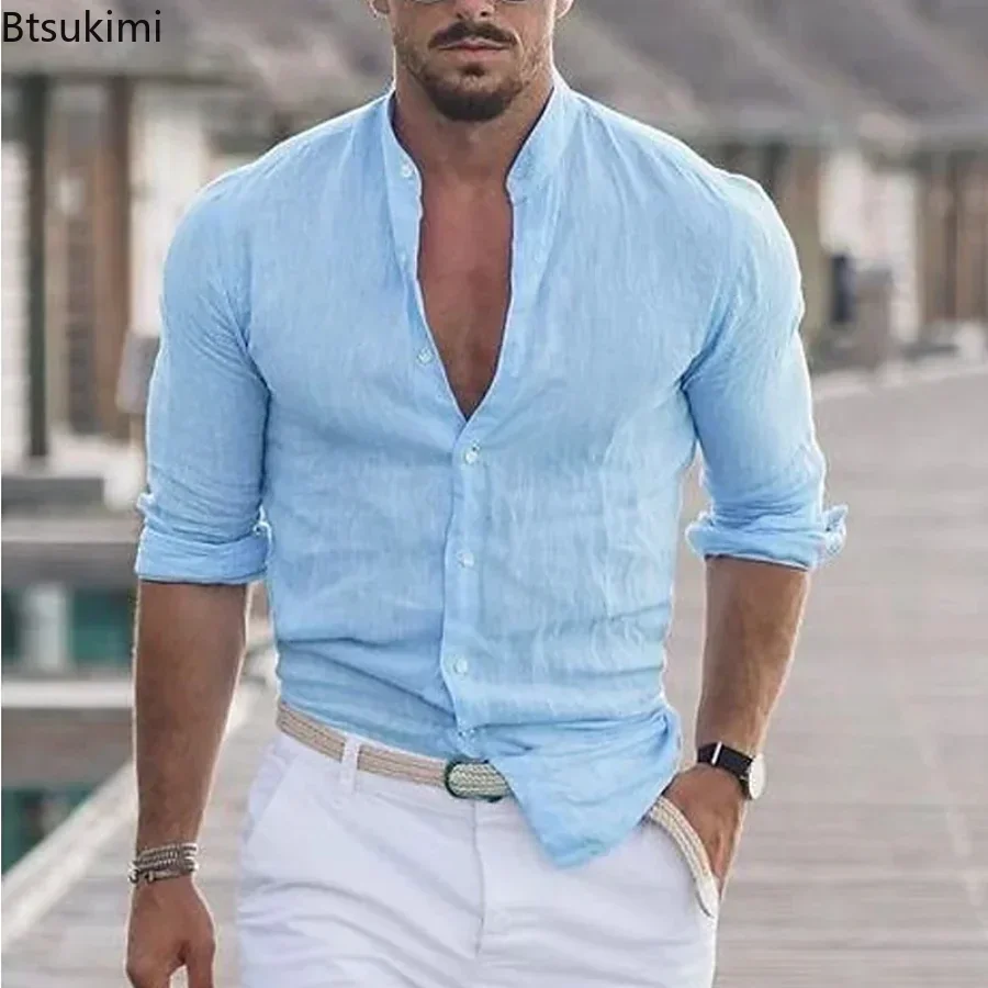 2025 Men's Casual Cardigan Cotton Linen Shirt Mock Neck Solid Long Sleeve Loose Top Spring Autumn Handsome Fashion Shirt Tees