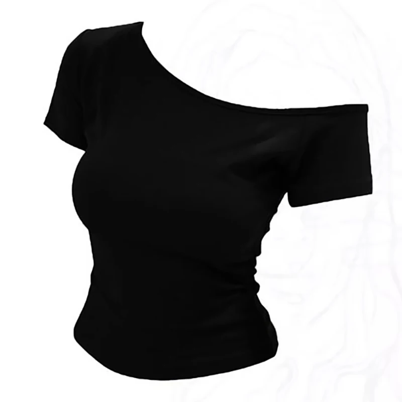 Sommerliches Off-Shoulder-Top für Damen, schmal geschnitten, kurzärmeliges T-Shirt, One-Shoulder-Oberteil, sexy Basic-T-Shirt, koreanischer Chic – Detail 2