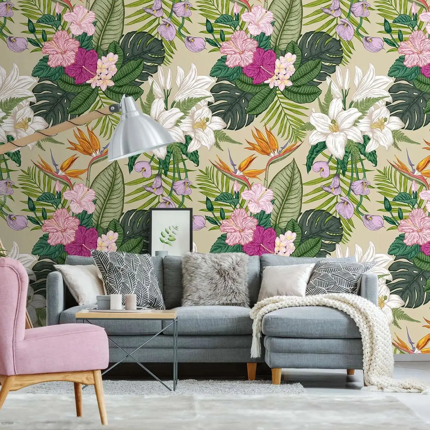 

Hawaii Vibe Tropical Floral Wallpaper, Hibiscus Pattern, Botanical Wall Decor, Tropical Self Adhesive Or Traditional Wall Papers