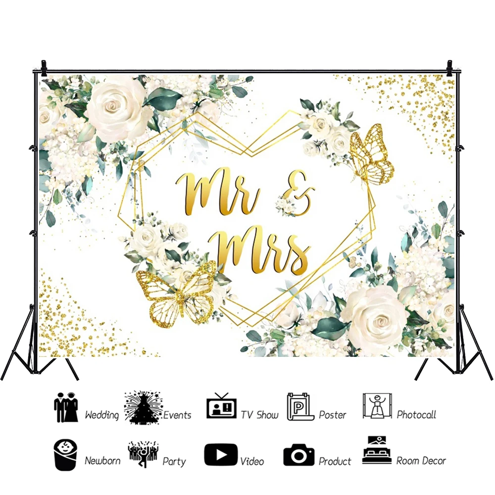 Laeacco Mr and Mrs Backdrop White Rose Floral Wall Glitter Ring Reception Bridal Groom Engaged Portrait Photography Background