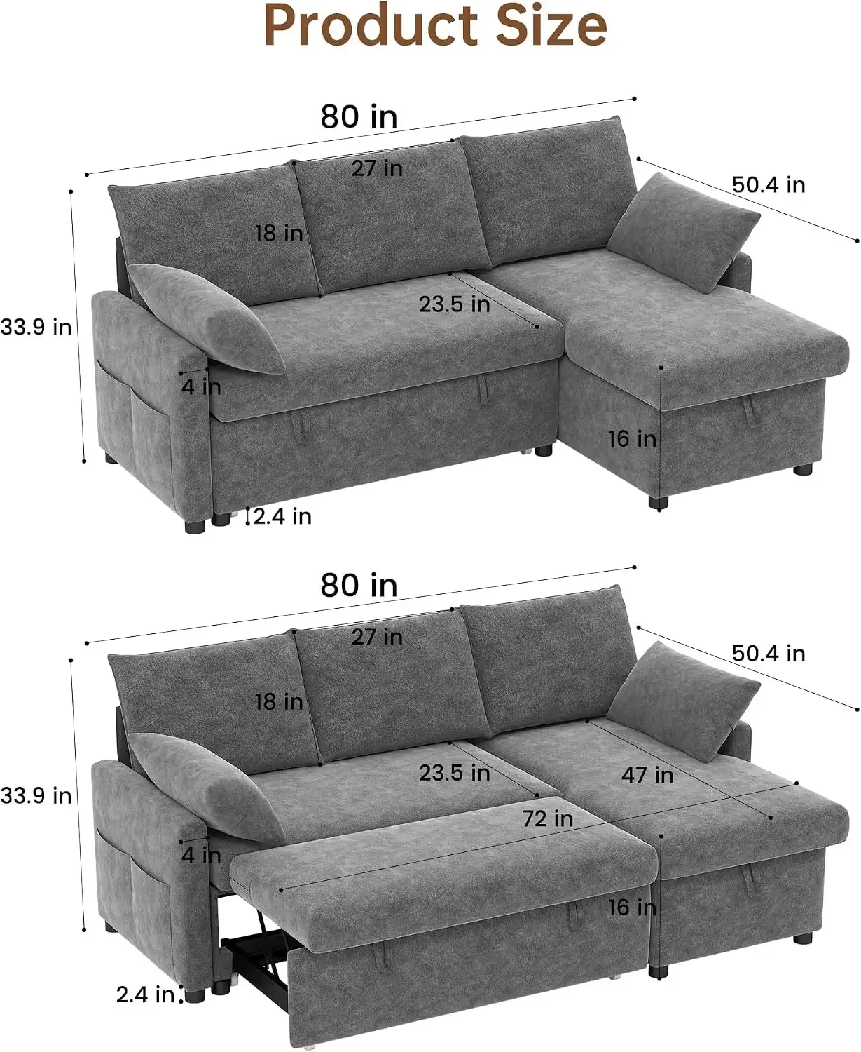 Sofa Bed, 80'' L-Shaped Chenille Sleeper Sofa, Dark Gray | Hidden Storage, Side Pockets, Zippered Pillows & Backrests, High-Elas