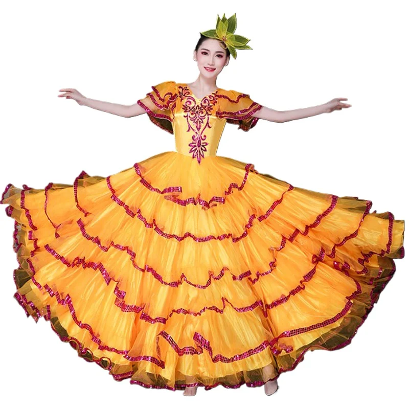 

New Elegant Modern Dance Competition Dress Flamenco Dance Big Swing Yellow Dress For Women Female Performance Long Skirt VO1055