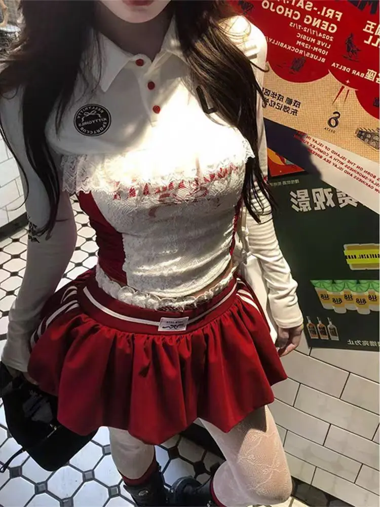 

Осенний костюм с юбкой в стиле Y2K для девочек, женский костюм-поло с длинными рукавами и бантом, кружевные укороченные топы + сексуальная уличная мини-юбка в стиле Харадзюку, комплект из 2 предметов