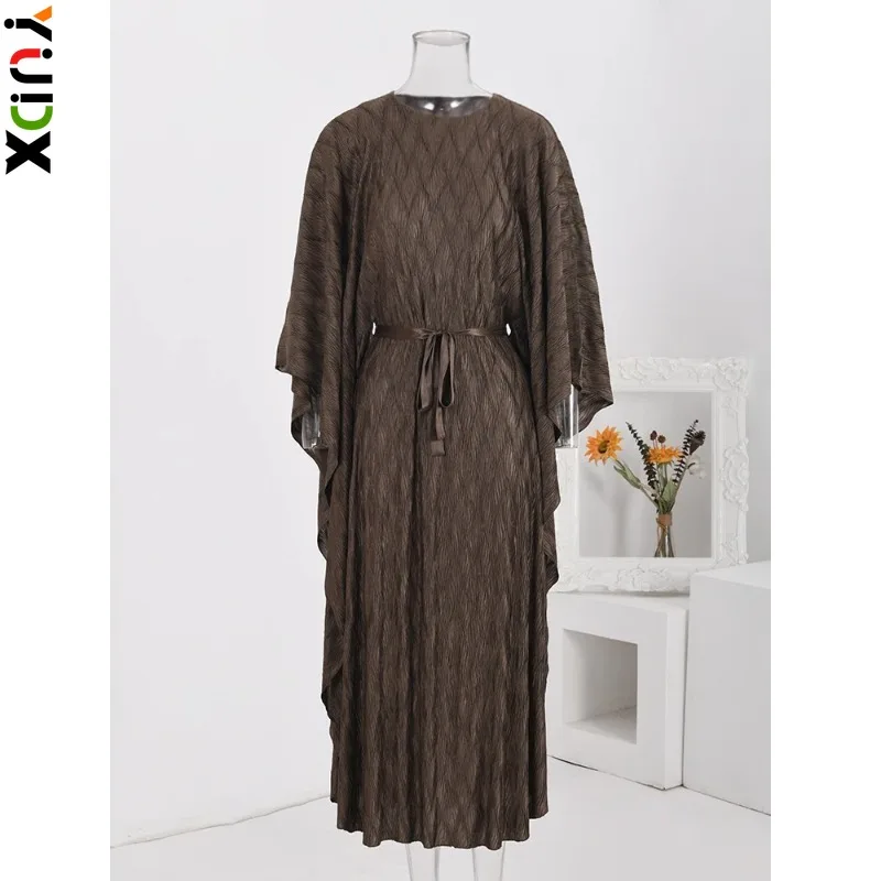 YUDX Miyake Loose Irregular Pleated Dress Women Round Neck Belt Gathered Waist Solid Color Dresses Fashion 2024 Spring New