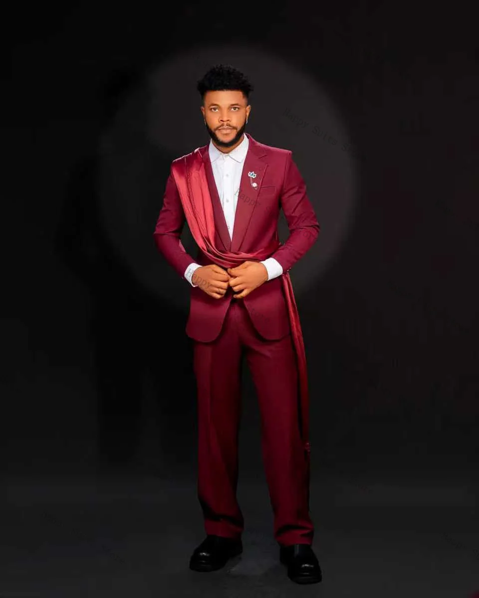 

Burgundy Men Suit Set 2 Pieces Blazer+Pants Trousers With Stripe Formal Office Cotton Coat Wedding Tuxedo Customized Jacket