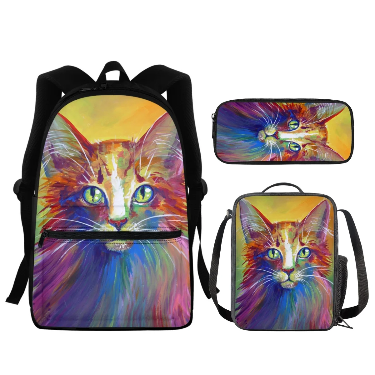 FORUDESIGNS Colorful Cat Print 3Pcs/Set Schoolbags Pen Pouch Meal Bag Student School Supplies Multipurpose Backpacks Handheld