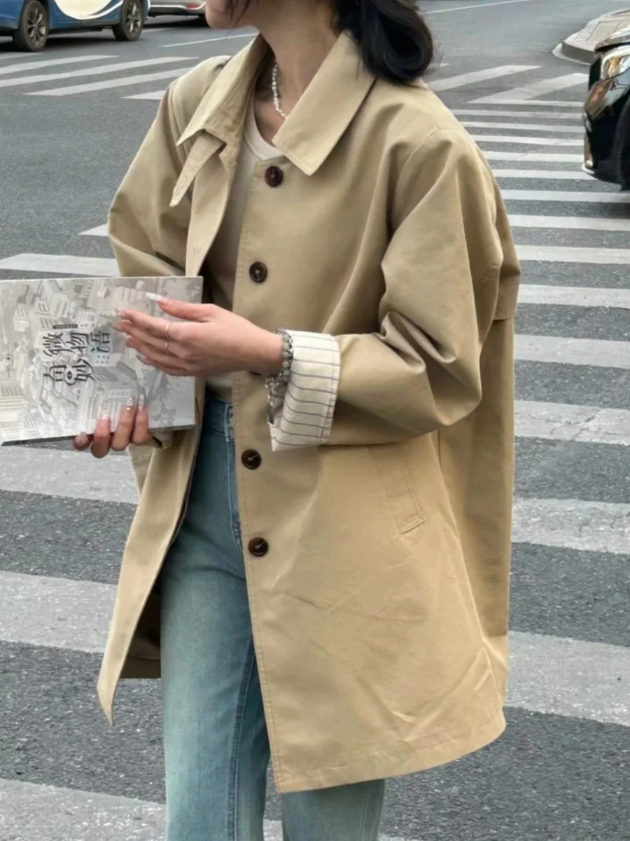 

Khaki Briti Sle Women's Long Coat 2024 Spring Commute Lengthened Jaet Collar Single Button Other Material 00%