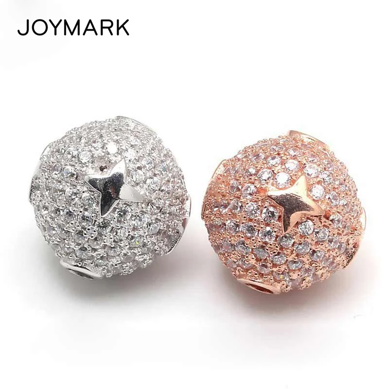 JOYMARK 13mm Star Pattern Micro Pave CZ Zircon 925 Sterling Silver Round Spacers Beads Fine Jewelry Accessories SB-CZ606