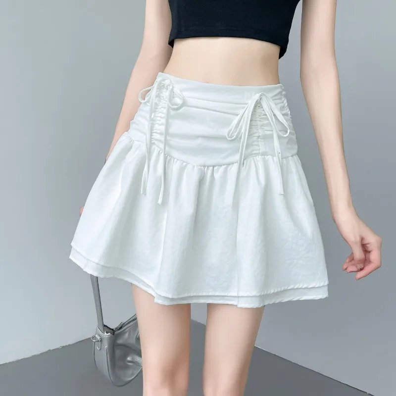 

Elastic Waist Bow Tie Skirts Women 2024 Summer New Thin A-line Solid Color Loose Versatile Double Layer Slim Short Skirt Female