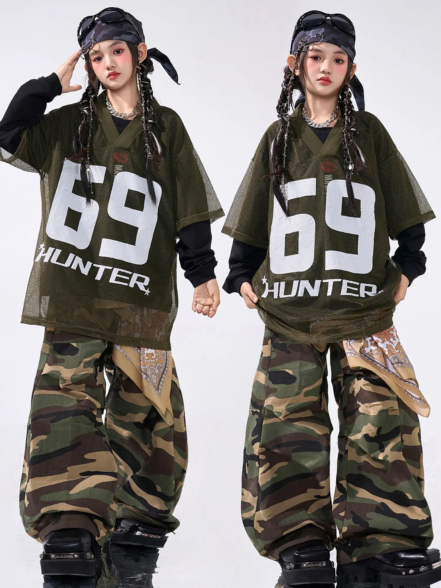 

Костюм в стиле хип-хоп для девочек, камуфляжная танцевальная одежда для выступлений, наряд для джазового танца, армейский зеленый топ, курчатые брюки, уличная танцевальная одежда