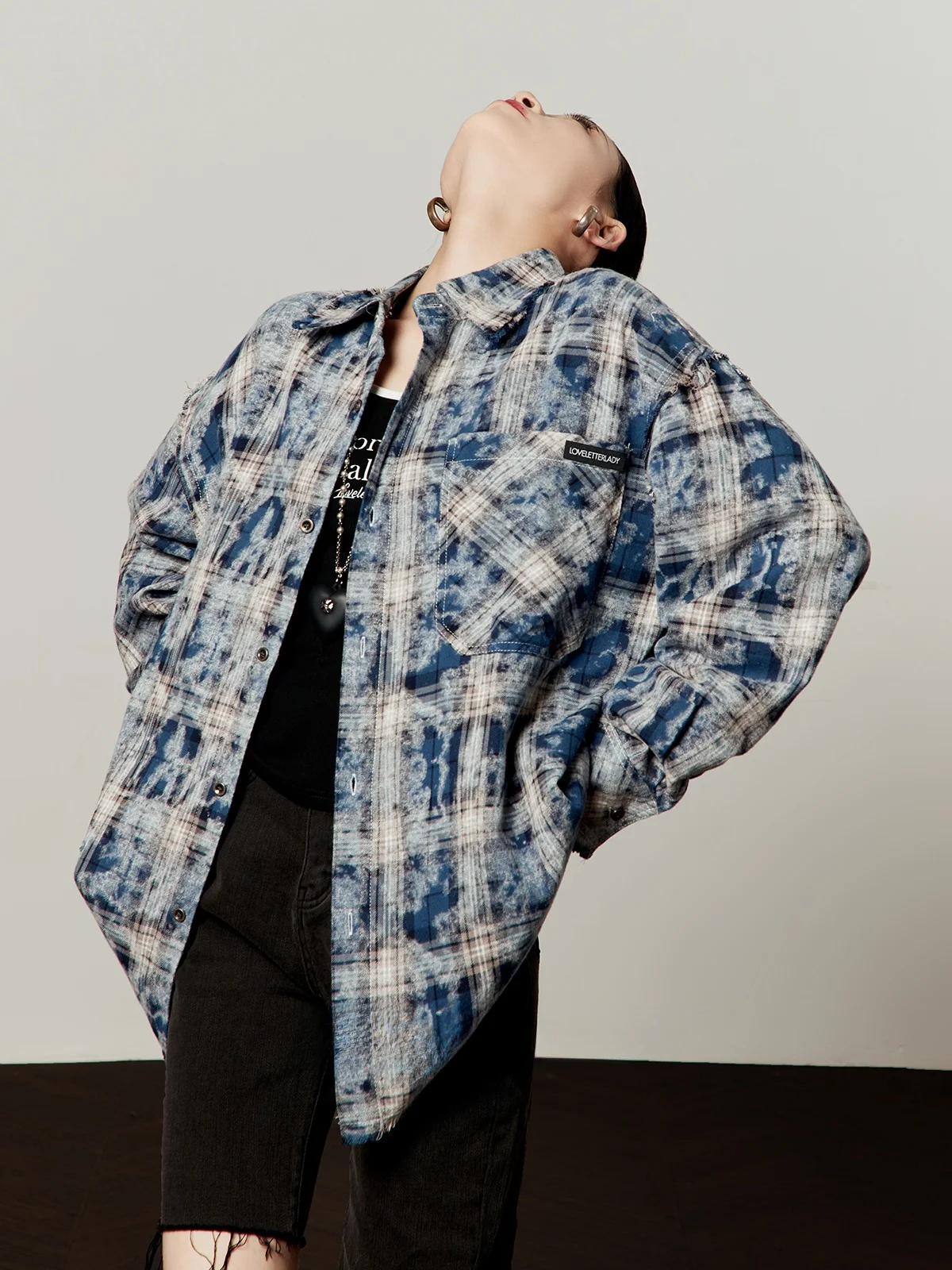 

Retro Style Blue Plaid Women's Shirt Zhou Li Wumei High Street Frayed Spring Summer New Arrival Loose Fit Long Sleeve