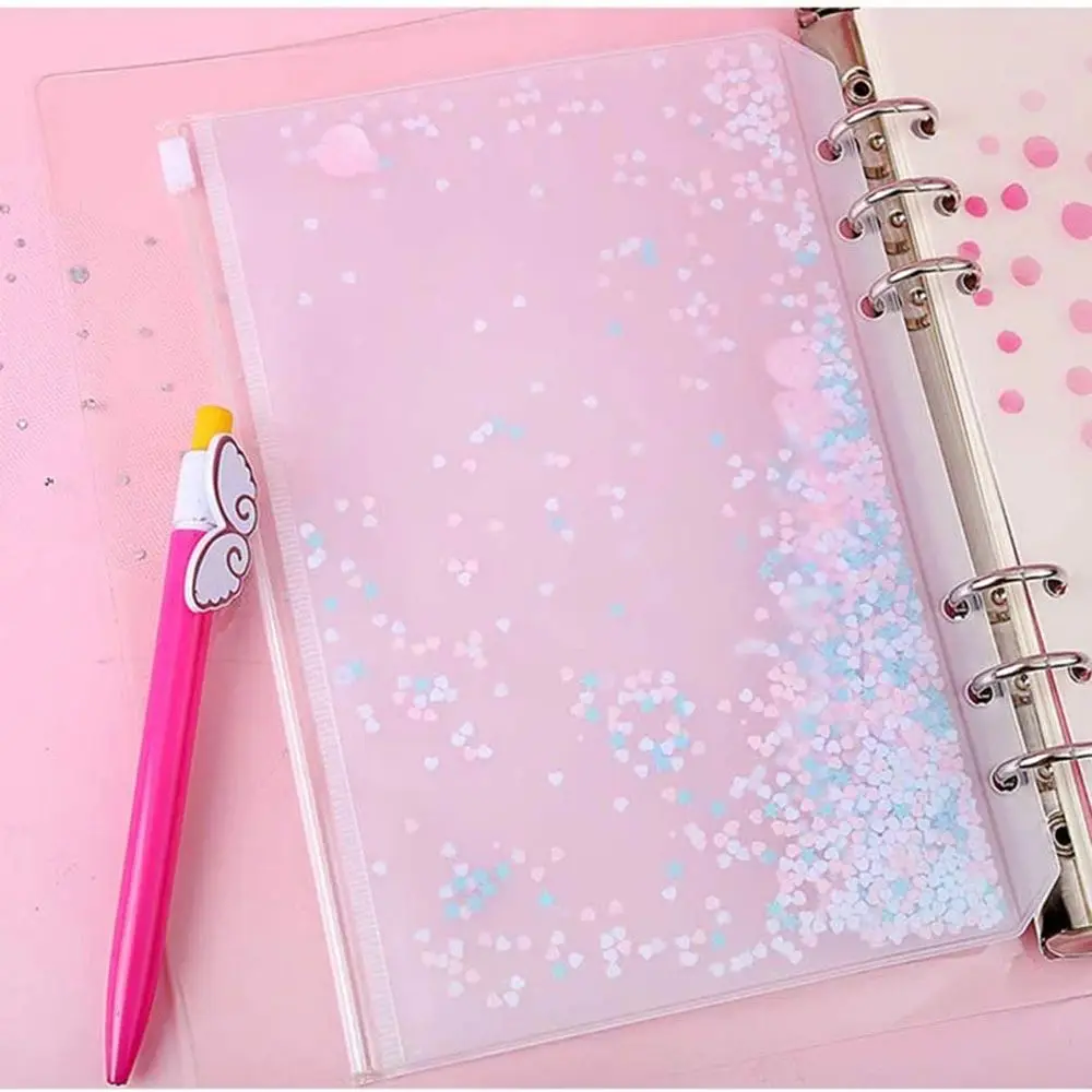 Bonita papelería escolar con cremallera, lentejuelas brillantes, manual estándar de PVC de 6 agujeros, carpeta de bolsillo interior, bolsa de almacenamiento, archivador A5/A6