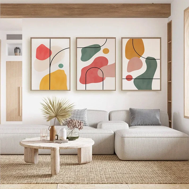 3pcs Multi-colour Lines Colour Blocks Abstract Art Poster Gallery Exhibition Warm Modern Diamond Painting Living Room Wall Art