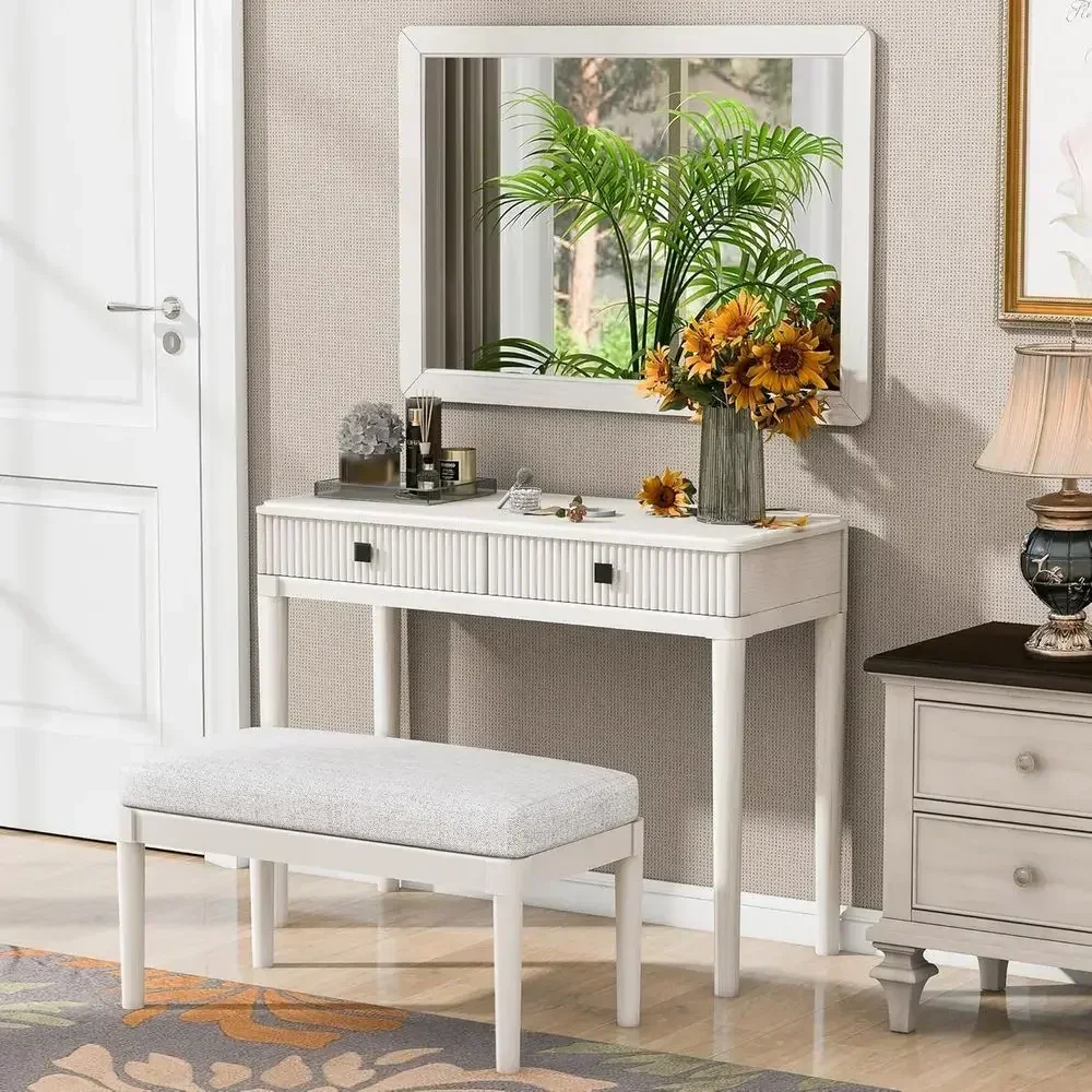 Compact Makeup Vanity Desk with Mirror & Lights, Minimalist Wood Table Set for Small Spaces, White Finish