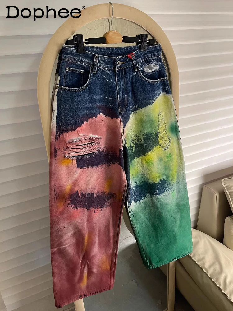 

Chic Hand-painted Graffiti Splashed Ink Colorful Jeans Men Women 2026 Spring Autumn New Loose Straight Wide-leg Denim Trousers