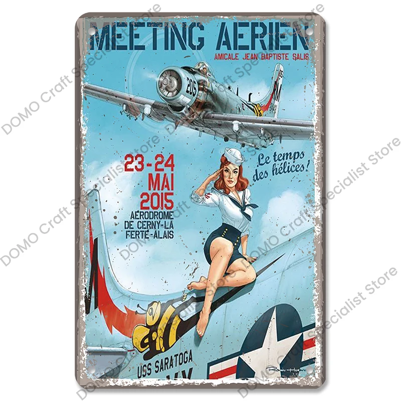 Vintage Aluminium Meeting Aerien Air Show Tin Sign, Sky Background Pin Up Girl Warplane Wall Decor for Garage & Man Cave Home