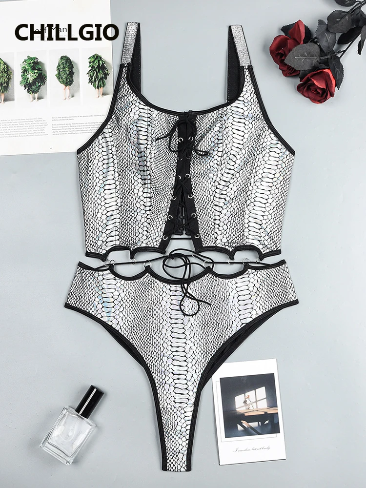 

CHILLGIO Women Sexy Snake Print Lingerie Fashion Camisole Underpants Bra Brief Sets Vintage Bodycon Slim Lace-up Underwear Suits