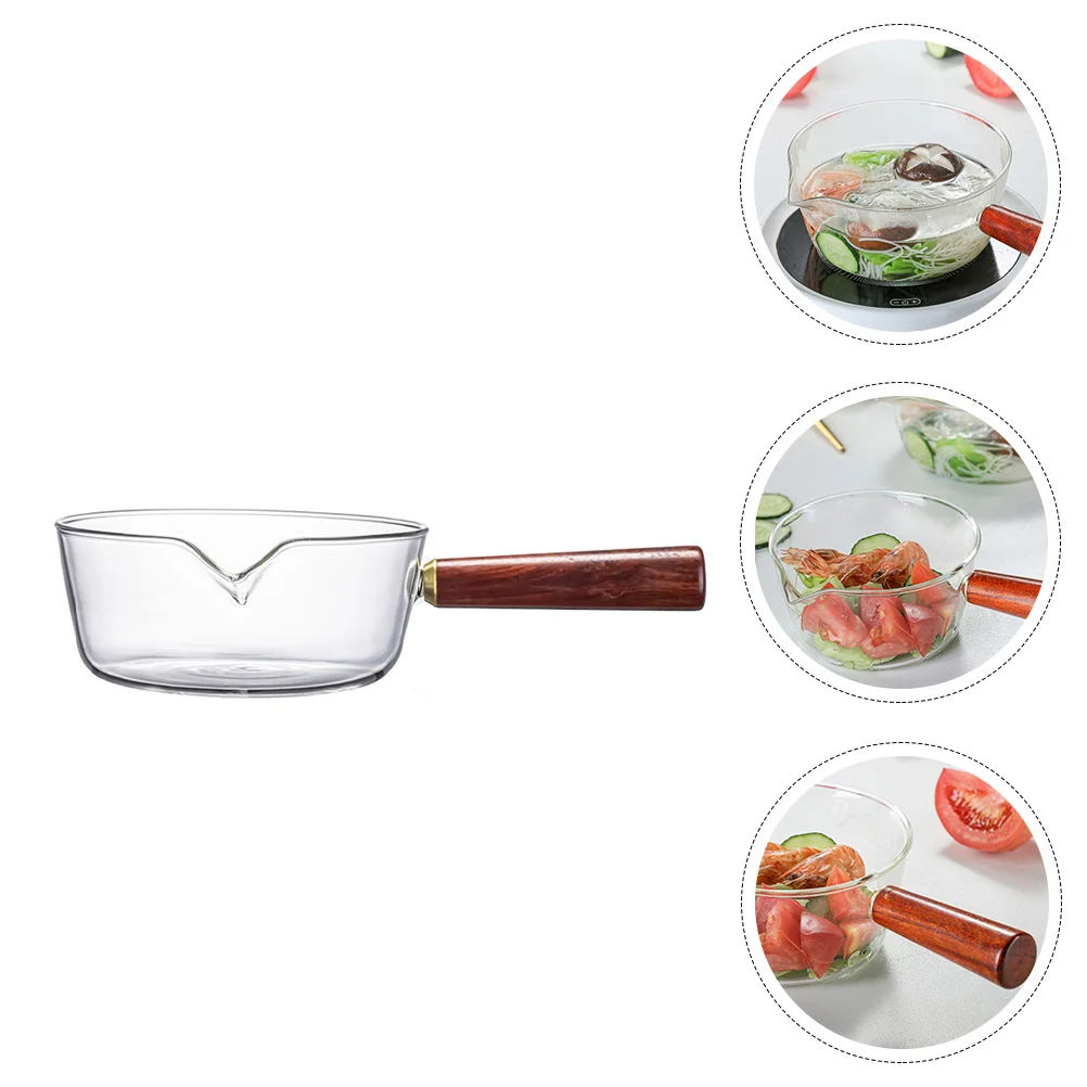 

1pc Small Milk Glass Instant Noodles Pot Breakfast Soup Stockpot Household Cooking Pot Wooden Handle Great Gift For