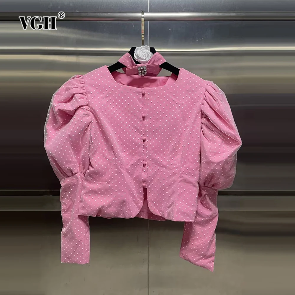 

VGH Polka Dot Slimming Short Shirts For Women Round Neck Puff Sleeve Patchwork Single Breasted Temperament Blouse Female Style