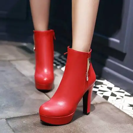 New Sexy Womens Ankle Boots Platform High Heels Boots Zipper Round Toe Winter Ladies Boots Black White Red Woman Plus-size 42 43