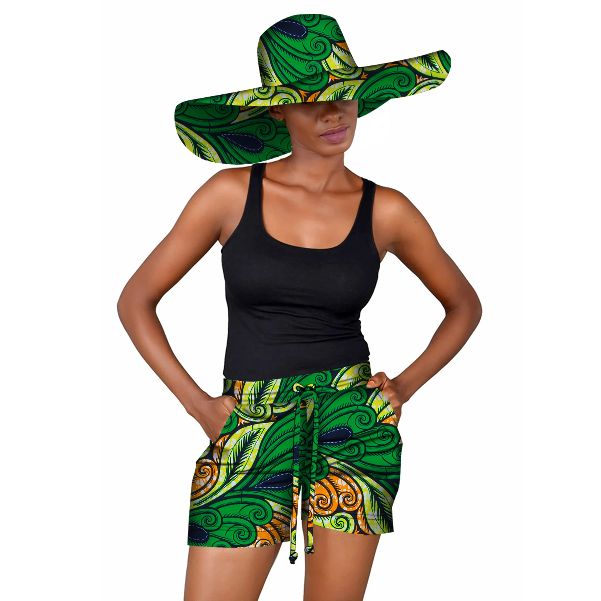 

African Women Print Shorts Pant with Big Summer Hat Cap Threading Ropes Short Pants Trousers with Pocket Customized WY5242