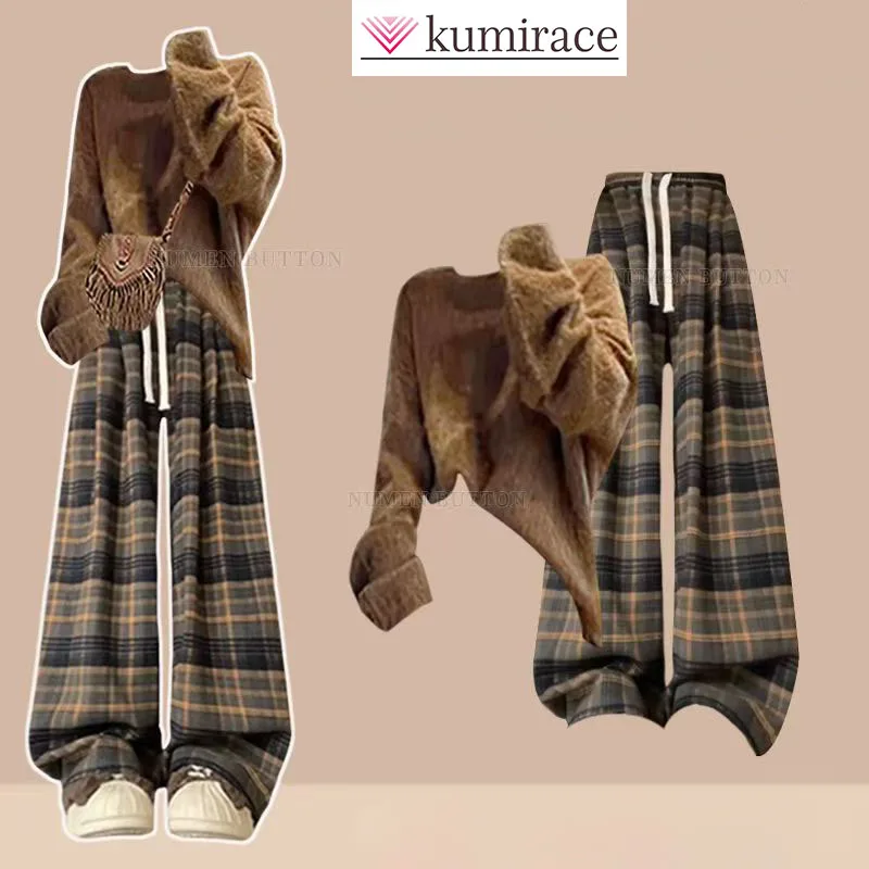 

Large Size Autumn Set, Women's Retro Age Reducing Maillard Knitted Sweater, Checkered Wide Leg Pants Two-piece Set Pant Sets