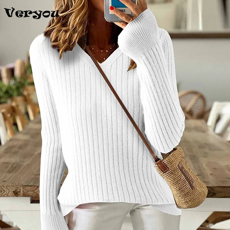 

Fashion Women Sweater Long Sleeve Top Knitted Pullover V Neck Knitted Sweater Women Winter Basic Tops Female Jumper
