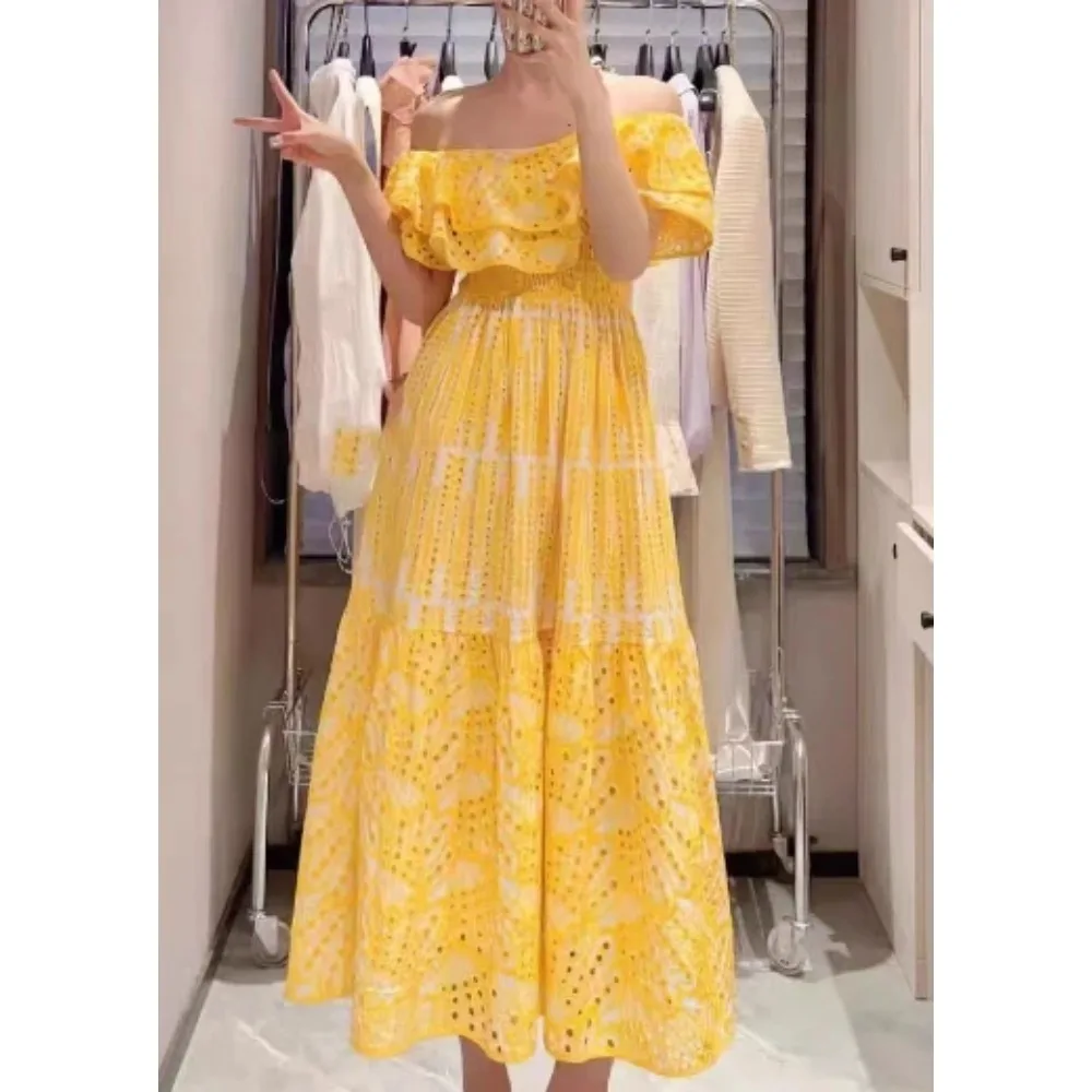 Retro  off shoulder slip ruffle cut out embroidery  Dress Beach Vacation Women Korean Fashion Summer Vestidos dresses