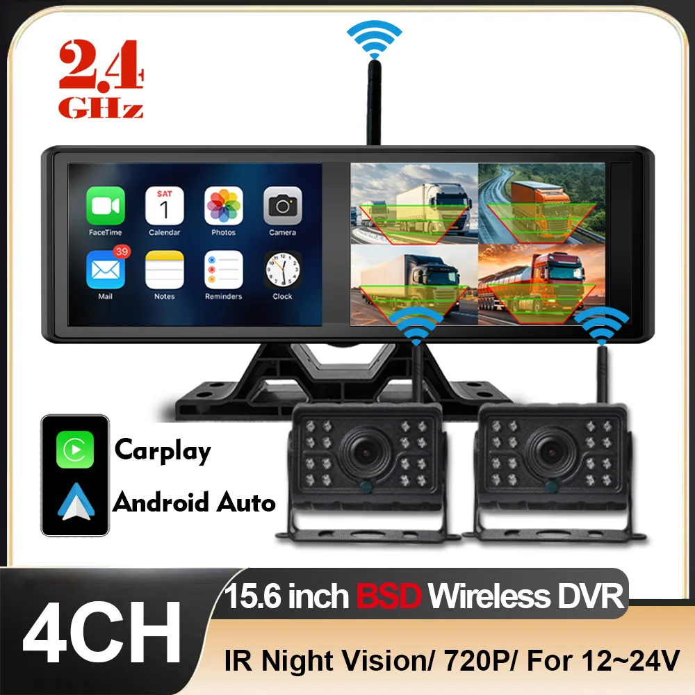 15.6 Inch Vehicle DVR Digital 2.4G Wireless Carplay BSD Android Auto With 720P IR Night Vision Camera Monitor Kit For Truck RV