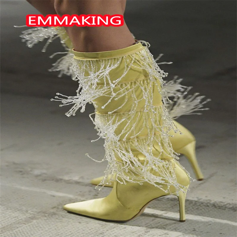 New Beading Tassels Fashion Sexy Women Runway Boots Pointed Toe Party Light Yellow Winter Rome Knee High Boots  Ladies Shoes