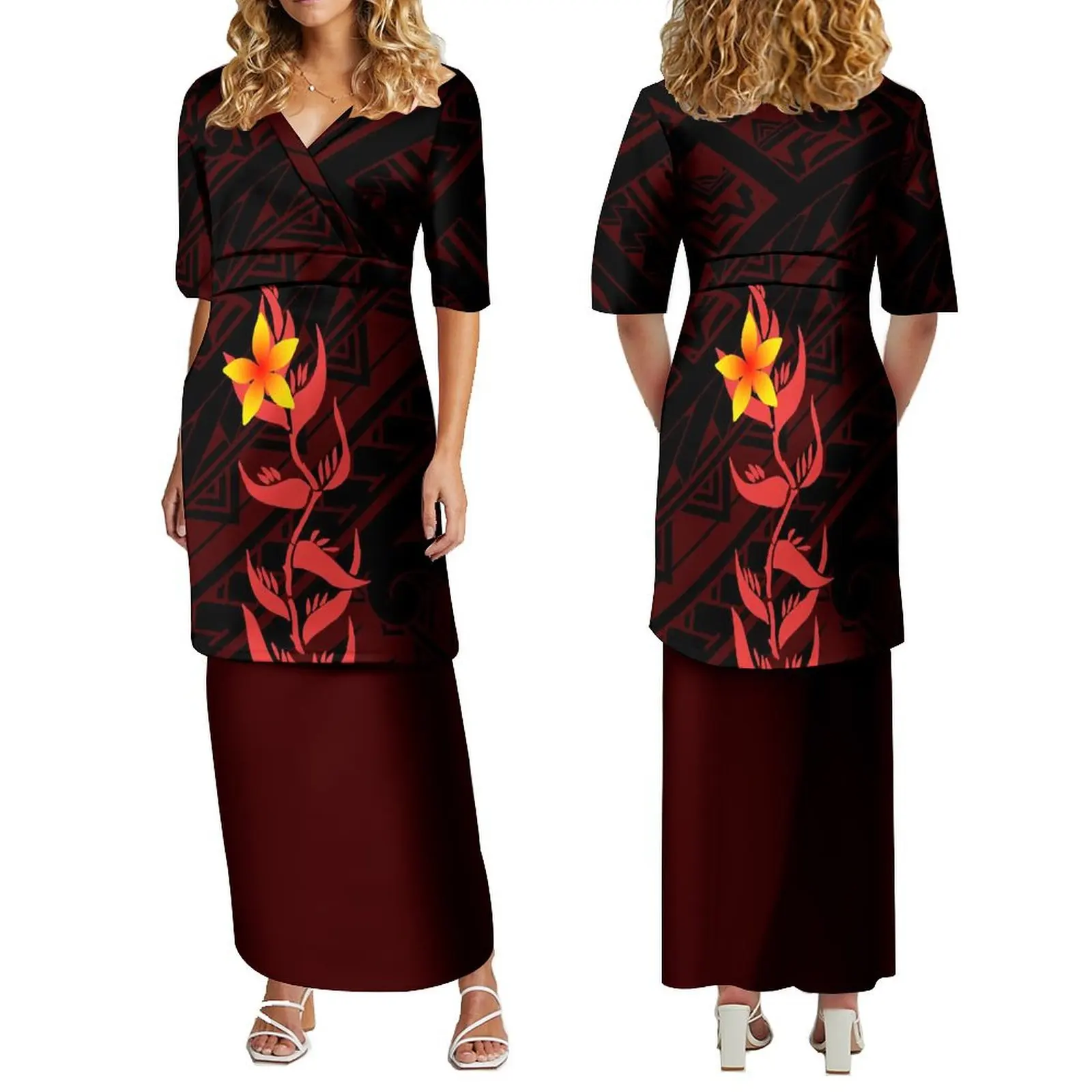 Summer Women'S Mid-Sleeve Dress Puletasi Two-Piece Women'S Elegant Dress Polynesian Island Design