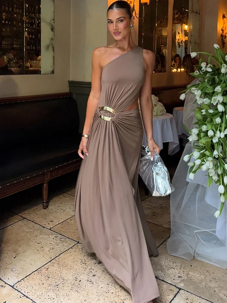 Leosoxs Kleid mit Metallschnalle für Damen, hohl, tailliert, Skew-Kragen, ärmellos, hoher Schlitz, elegant, Stretch, klassisch, Sommer, figurbetont