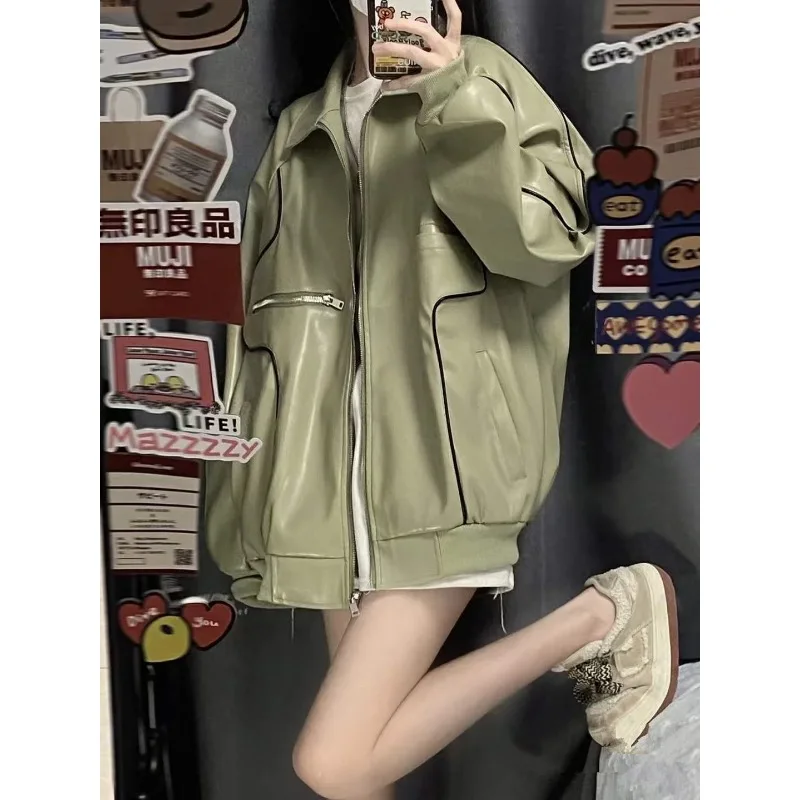 Lederjacke für Frauen verdickt faulen Stil losen Mantel Retro einfarbigen Revers mit Reiß verschluss College-Stil High Street