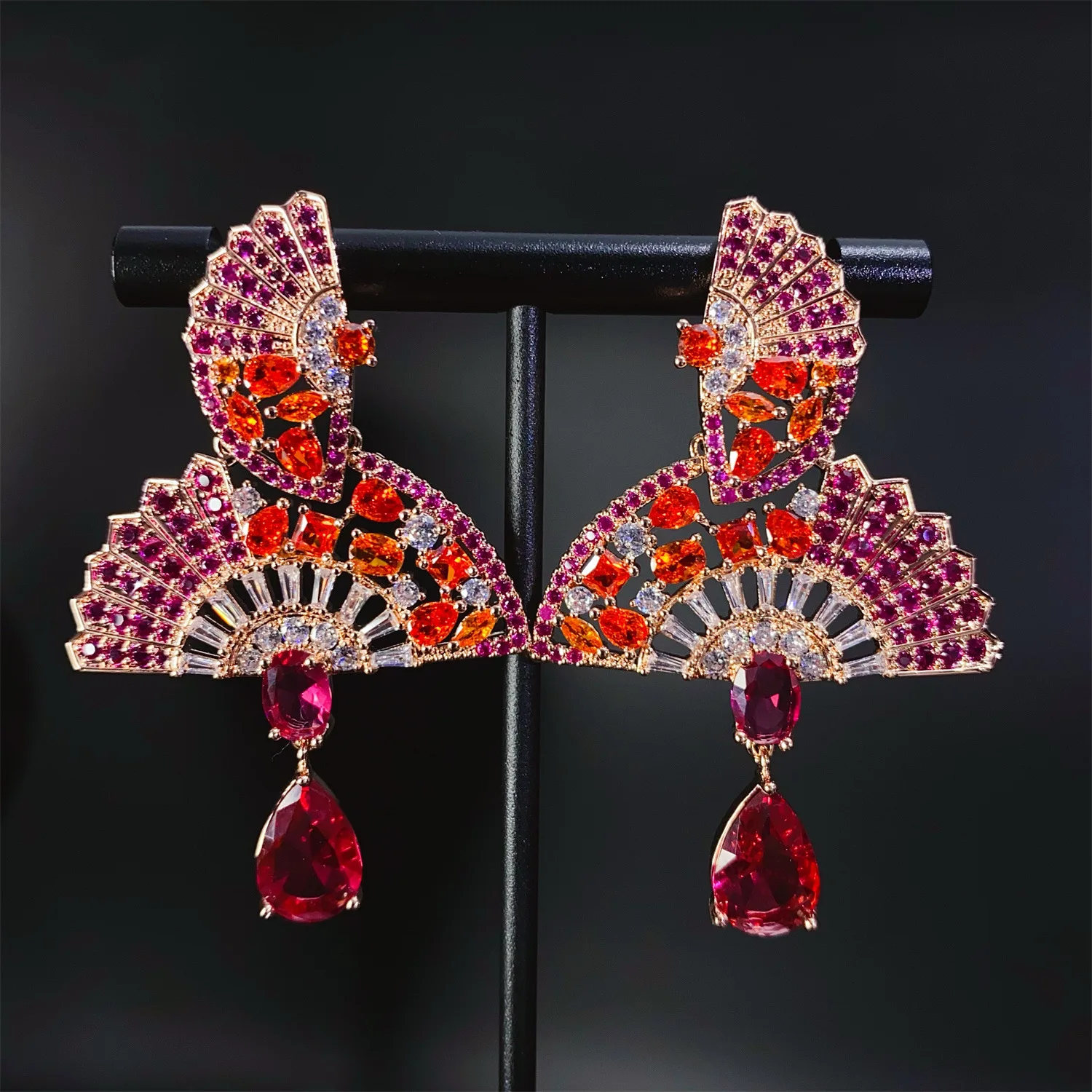 Mystic Violet Fan Copper-Zircon Earrings | Gradient Zircon Cluster | Pure White Luxury