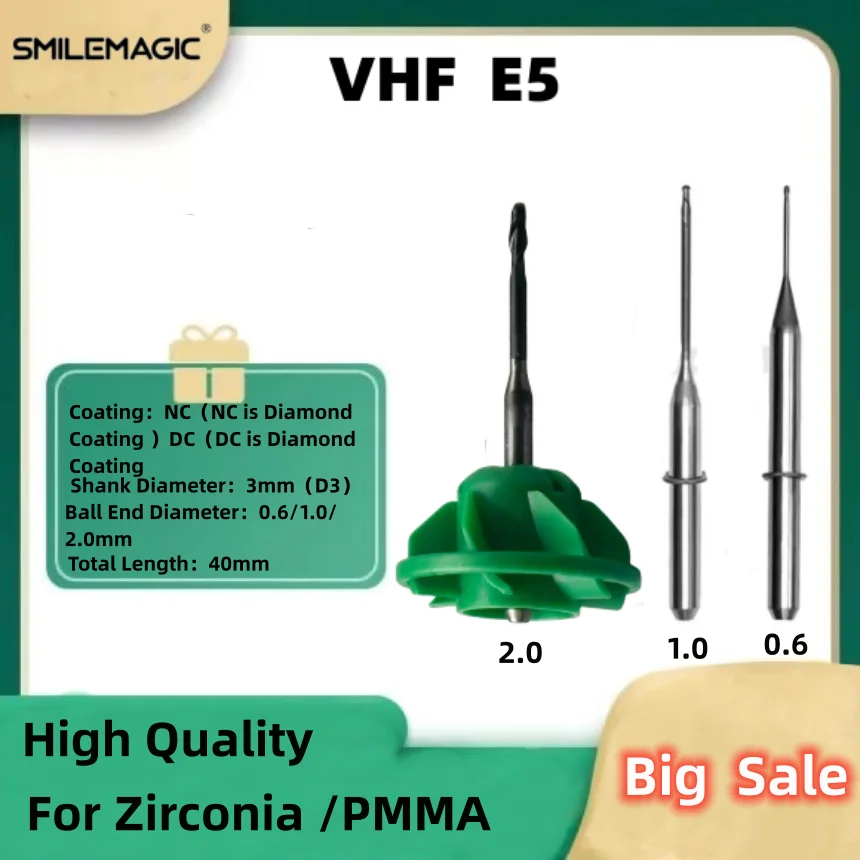 VHF E5 Dental Milling Burs For Grinding Zirconia Shank 3.0mm L40mm DC Diamond Coating Drill Diameter 2.0/1.0/0.6mm Grinding Tool