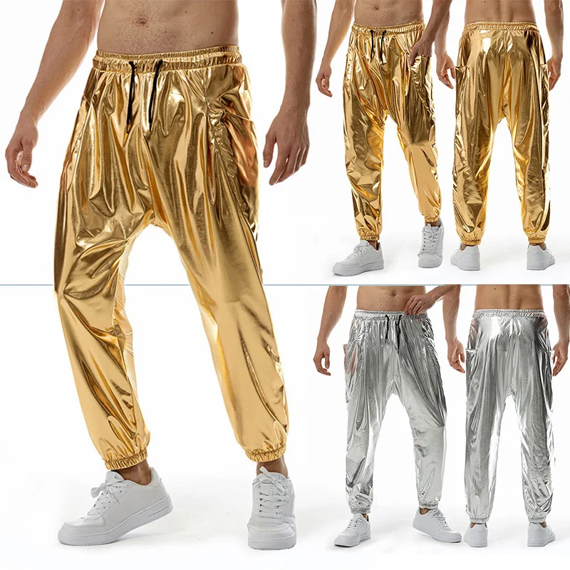 

Men Metallic Shiny Pants Jogger Trousers Night Club Stage Dance Party Clubwear Sweatpants Casual Holographic Disco Bottoms