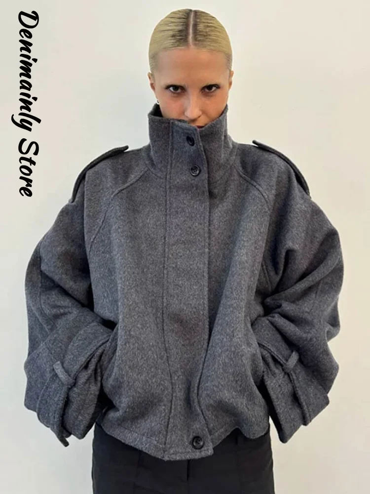 Fashion Short Woolen Coat Women Stand Collar Single-breast Full Sleeve Loose Pocket Jacket Female 2026 Autumn Solid Lady Outwear