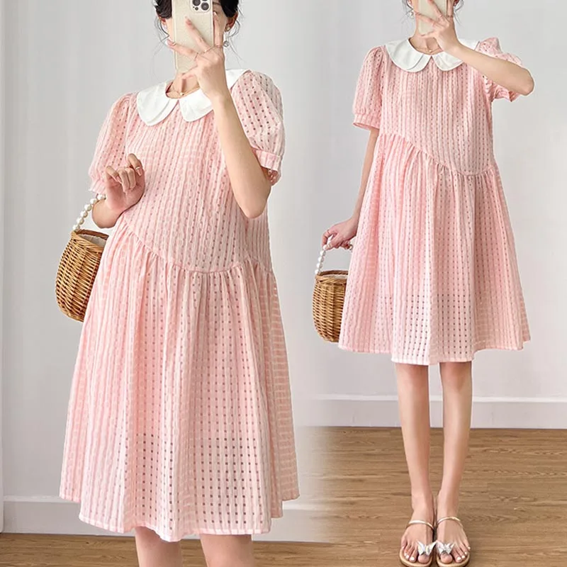 Summer Maternity Bowknot V-neck Hubble-bubble Sleeve Loose Maternity Doll Dress Sweet Ruffles Patchwork Pregnant Woman Dress